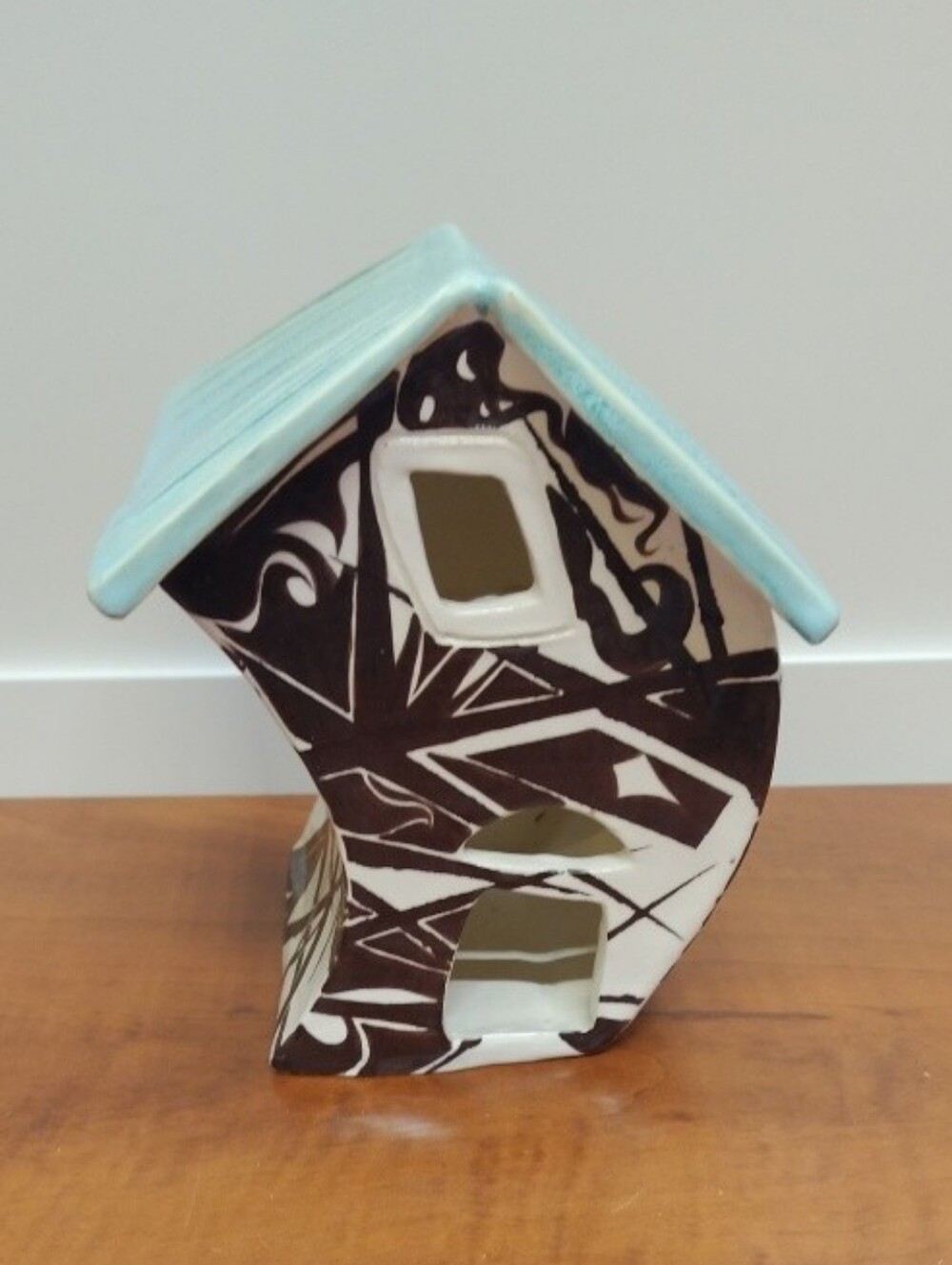 Studio Pottery Contemporary Ceramic Tea Light House Sculpture W/ Abstract Design